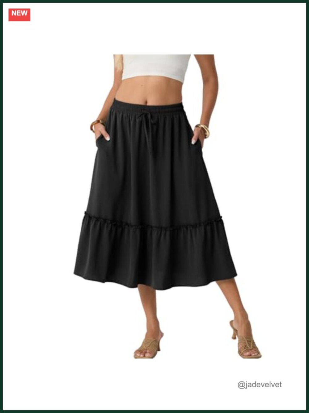 High Waisted Tiered A Line Midi Skirt Knee Length Summer with Pockets